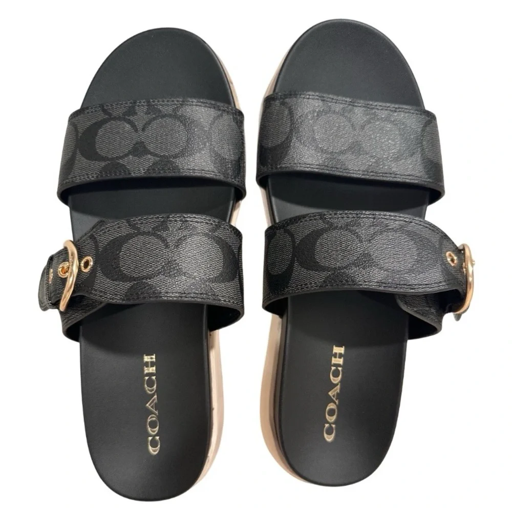 COACH Gwen Signature Black Golden Buckle Leather Strap Sandals 8B US / 38.5 EU - Picture 3 of 16